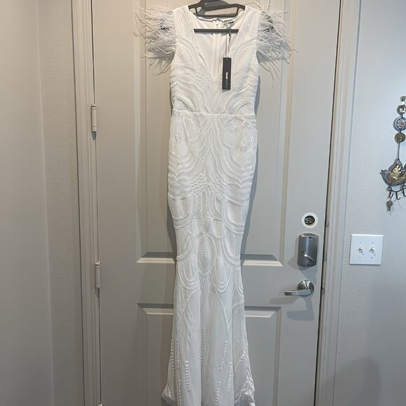 SALE NWT fashion nova white sequin prom dress with feather sleeves size S - Picture 2 of 4